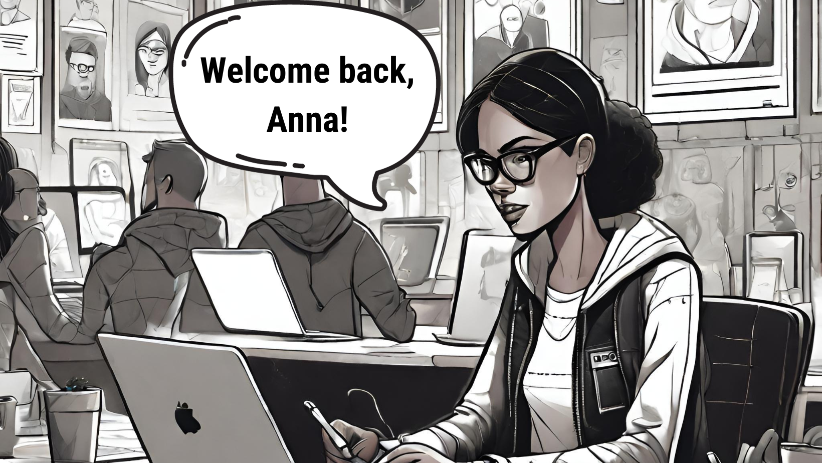 An image generated in Canva featuring a girl at a computer in black and white.